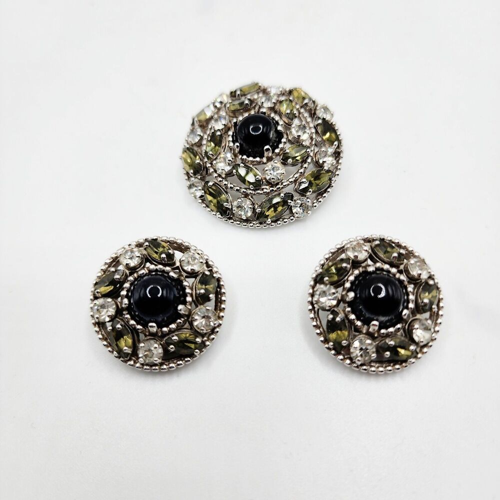 Vintage BARCLAY Rhinestone Smokey & Clear Dome Brooch Earrings Set Demi Parure